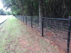 Black wire and rail ranch fence along a tree line near Decatur, TX